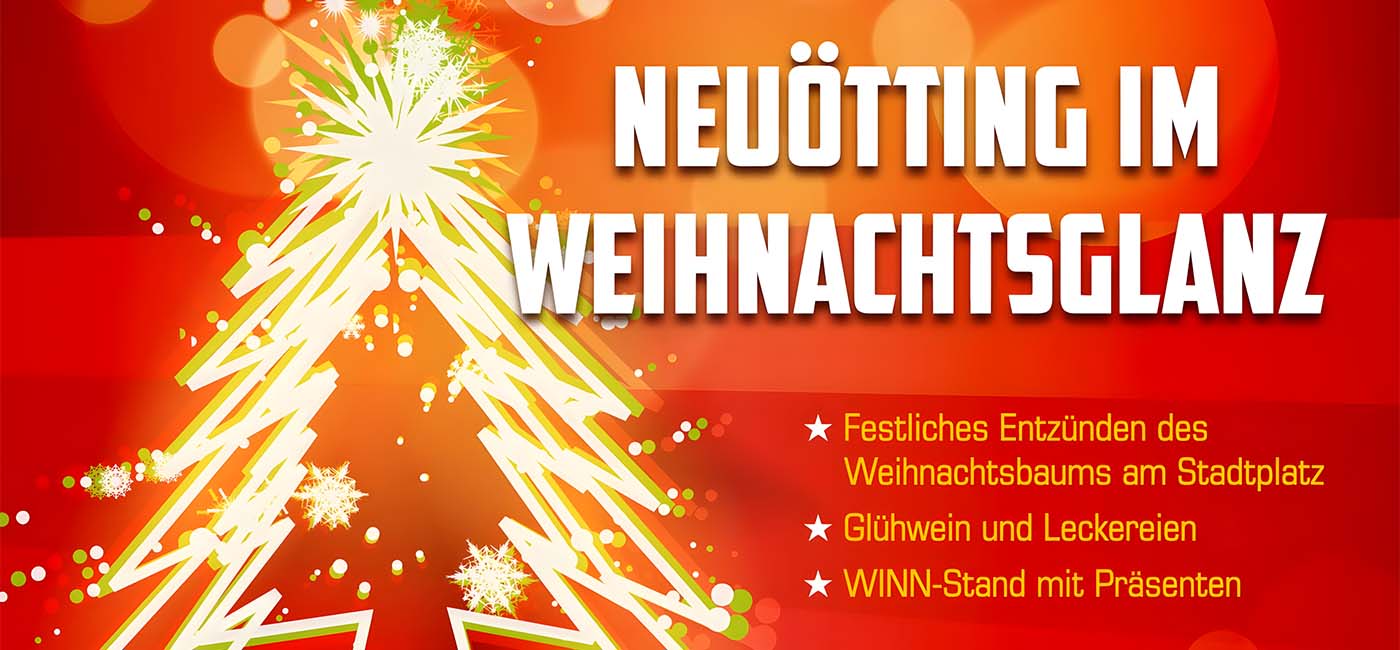 Bild leuchtender, gezackter Weihnachtsbaum mit Text Neuötting im Weihnachtsglanz. Roter Hintergrund im Bokeh-Stil