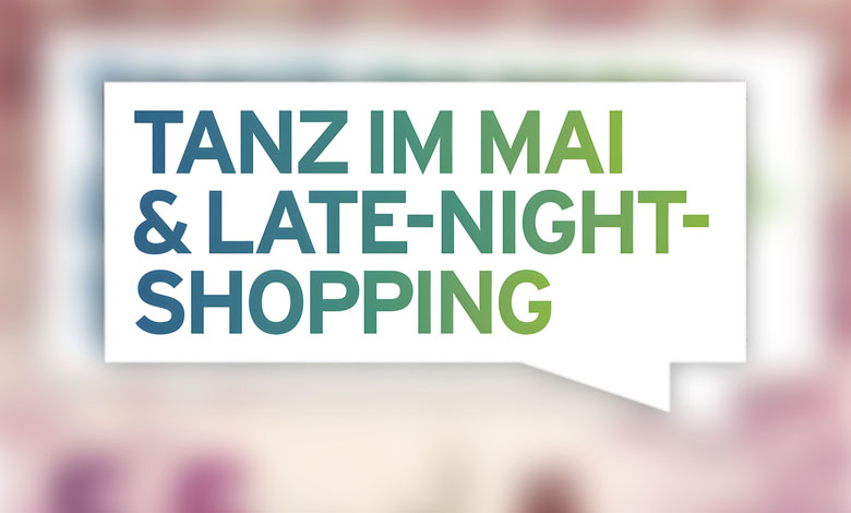 Bild mit Text Tanz im Mai und Late-Night-Shopping. Zweige mit rosa Blumen im Hintergrund