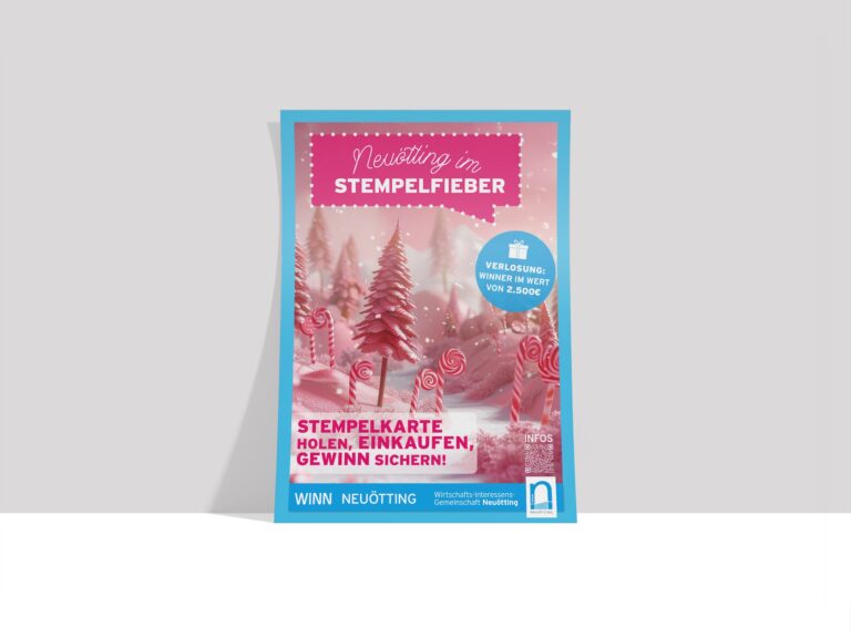 WINN Aktion Stempelfieber Flyer in Pink mit Zuckerstangen und pinken Bäumen.